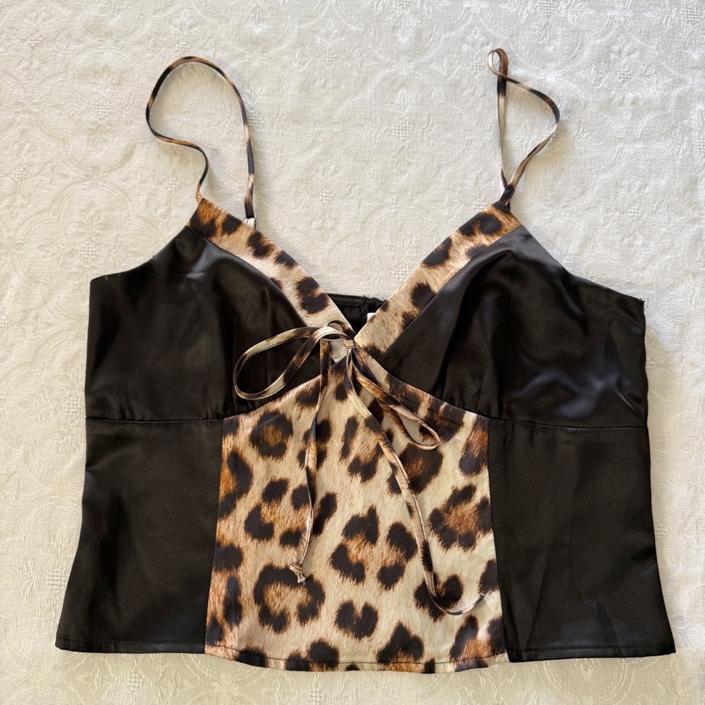 Forever 21 Leopard Print Corset Crop Top Bustier Cami Tie Front Satin Animal Bow